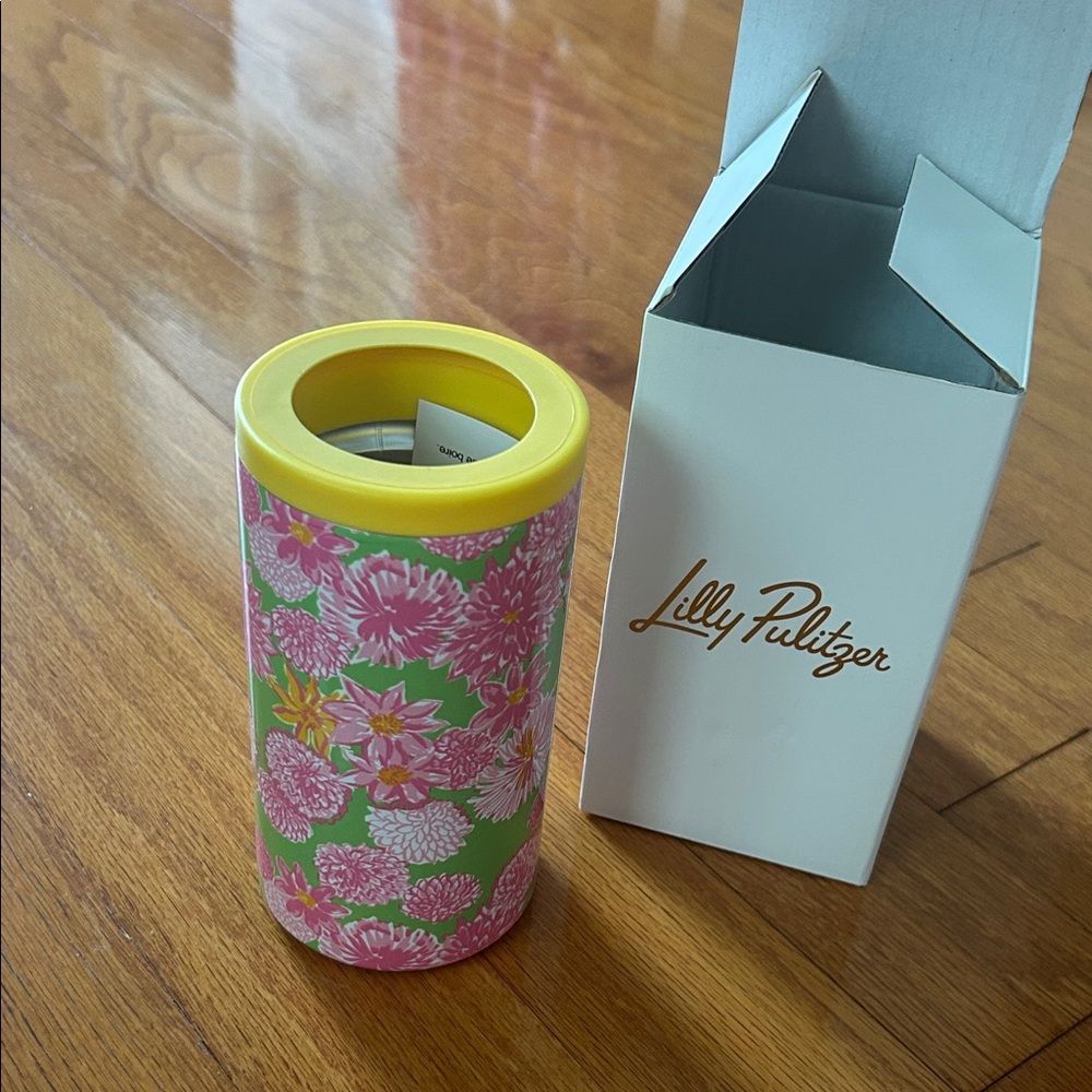 Lilly Pulitzer Pink & Green Floral Can Tumbler with Yellow Rim